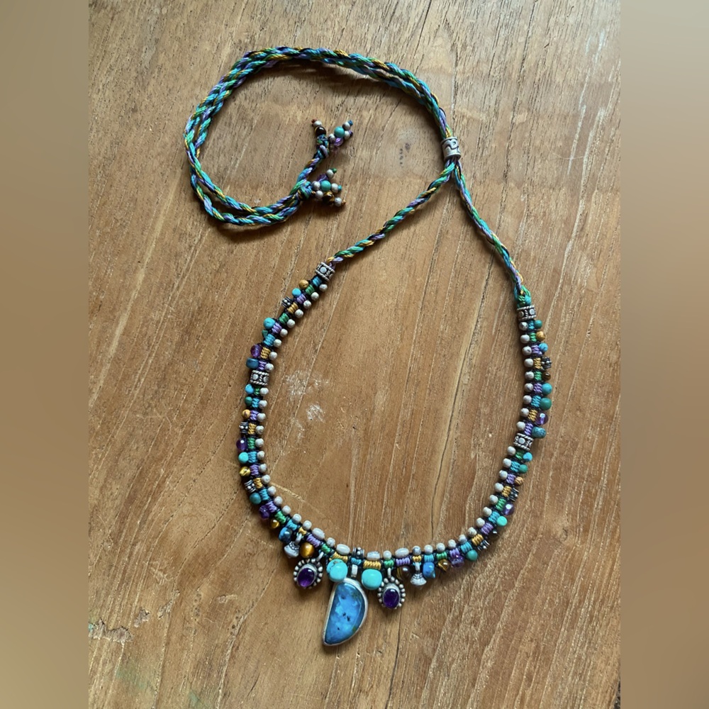 Isha Elafi Sterling Silver Necklace Chrysocolla Turquoise Amethyst Tigers Eye